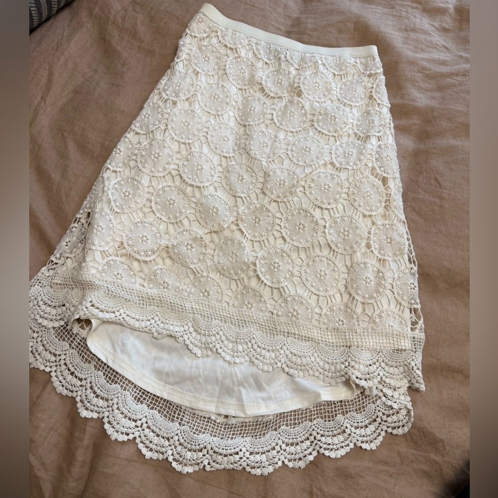 Crochet Boho Elegant Cream high low fully lined A line skirt - Picture 2 of 5